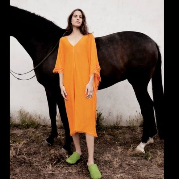 Orangish-yellow Zara linen kaftan dress size M/L, new with tags - Picture 5 of 11